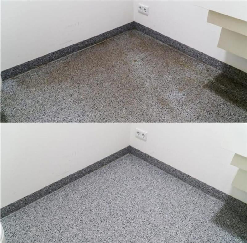 Before and after comparison of a speckled gray floor being cleaned, showing improved cleanliness in the bottom image