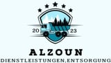 Alzoun logo featuring a blue truck with evergreen trees in a shield badge with stars and years 2023, text reads Dienstleistungen Entsorgung