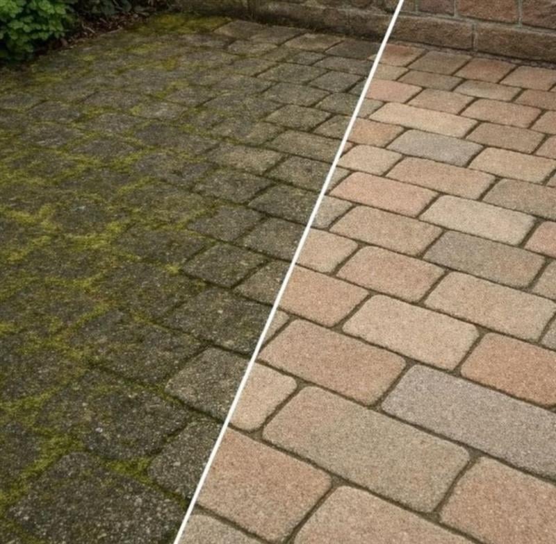 Before and after comparison of a brick patio cleaned using pressure washing technique