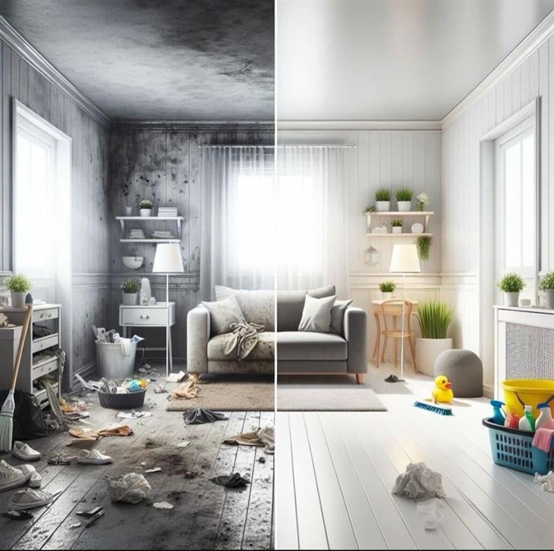 Before and after split image: messy, dark room transformed into clean, bright minimalist living space with couch, shelving, and plants