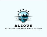 ALZOUN logo featuring a blue garbage truck with pine trees, stars, and shield badge design. German waste management company established 2023.